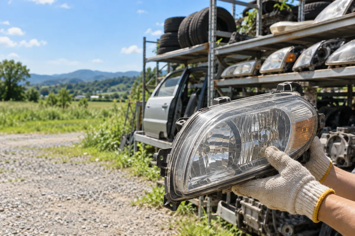 夏の日差しの下、中古車部品が並ぶ解体ヤード