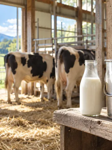牧場の牛舎に差す日差しと牛乳のびん