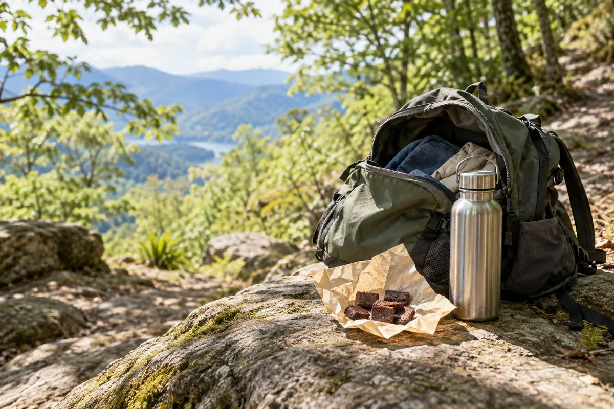 登山道の岩の上のリュックと焼きチョコ