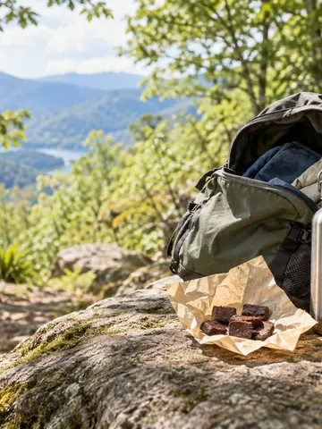 登山道の岩の上のリュックと焼きチョコ