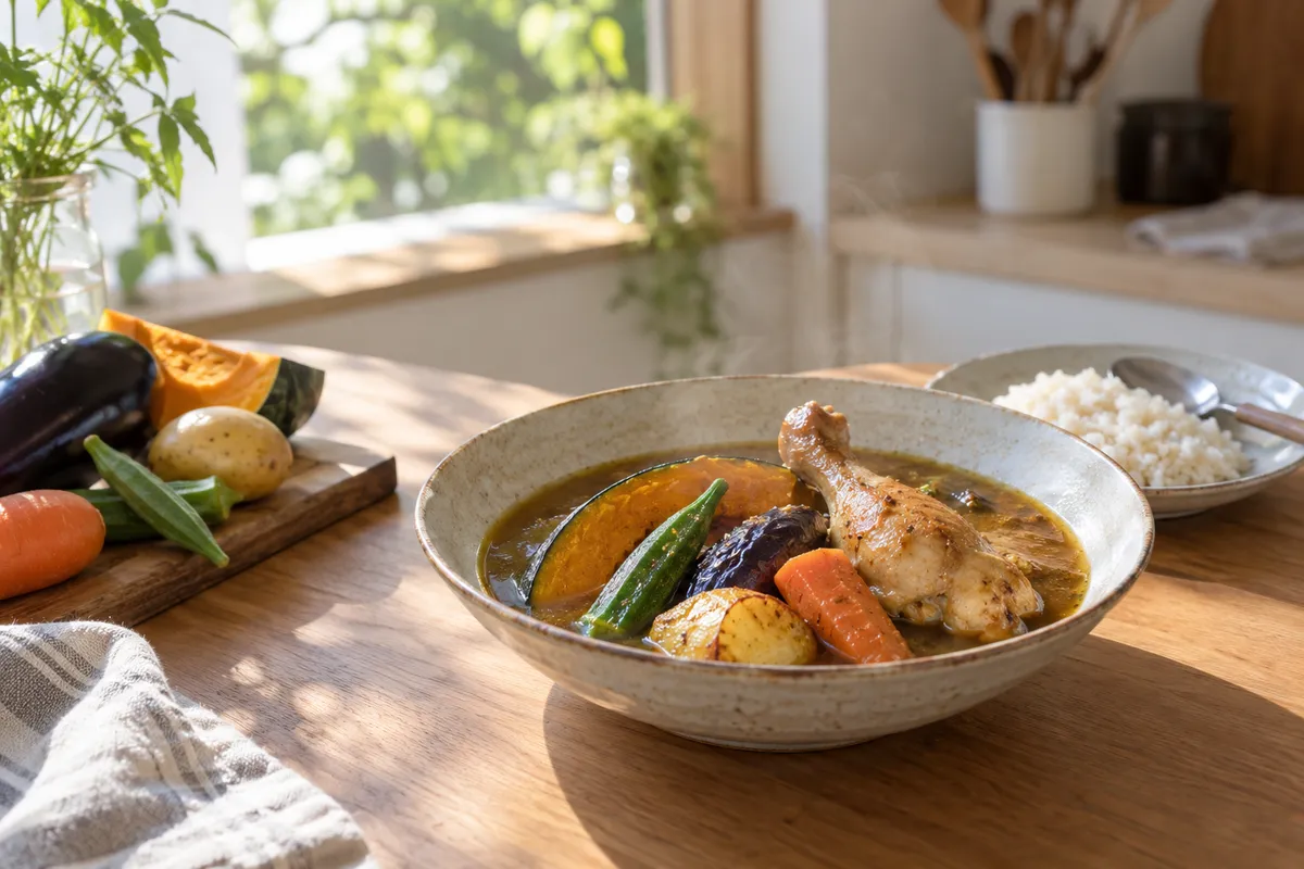 夏野菜が入った湯気の立つスープカレーと別皿のご飯