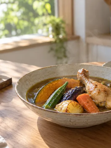夏野菜が入った湯気の立つスープカレーと別皿のご飯