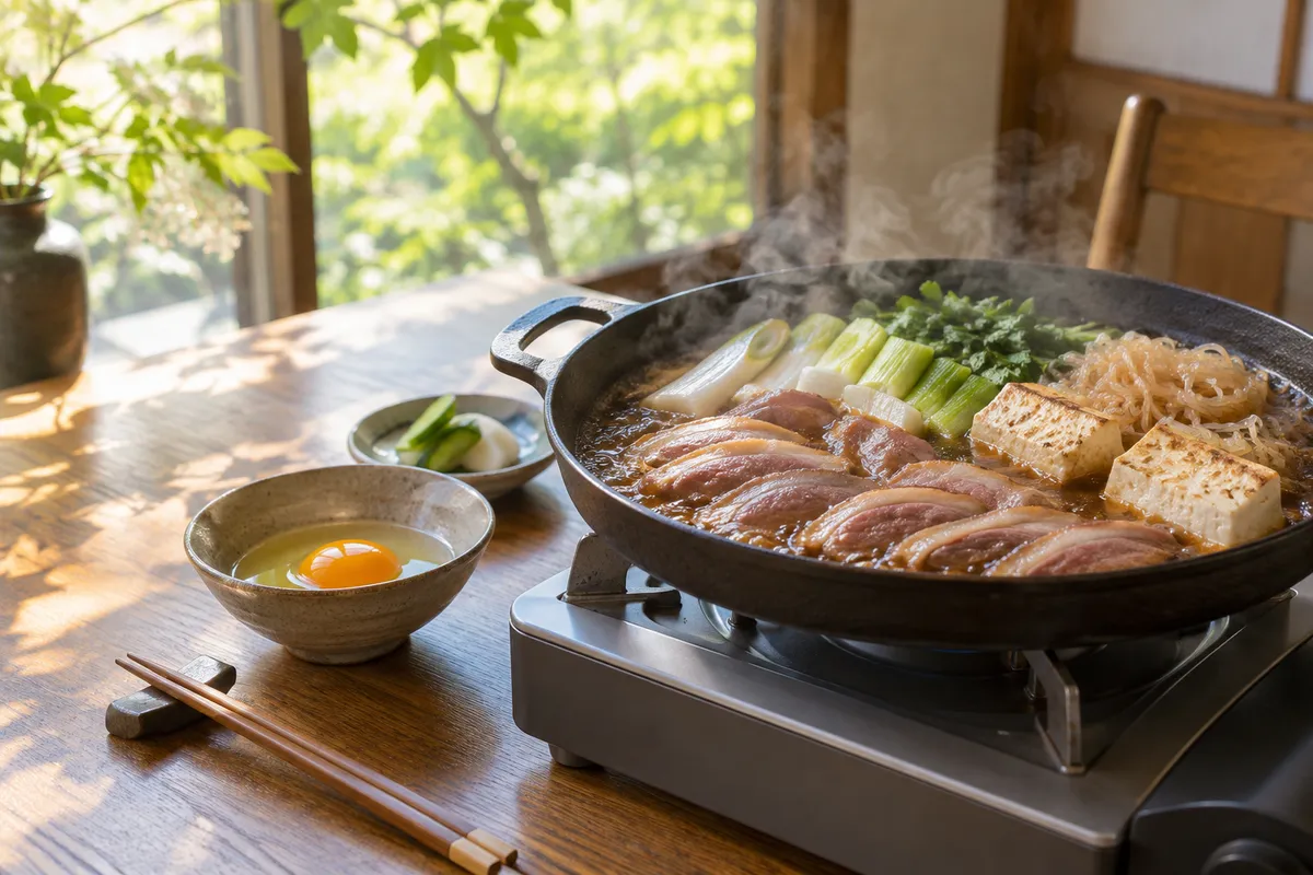 鴨肉とねぎが煮える夏の昼のすき焼き鍋