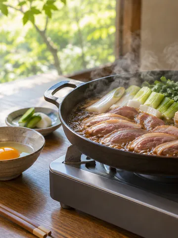 鴨肉とねぎが煮える夏の昼のすき焼き鍋