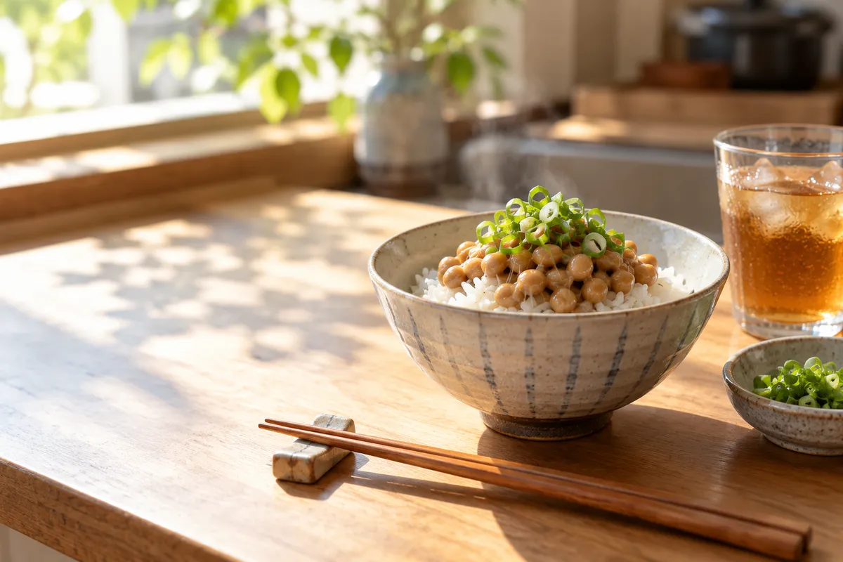 ご飯にのせた納豆と薬味、箸のある夏の台所