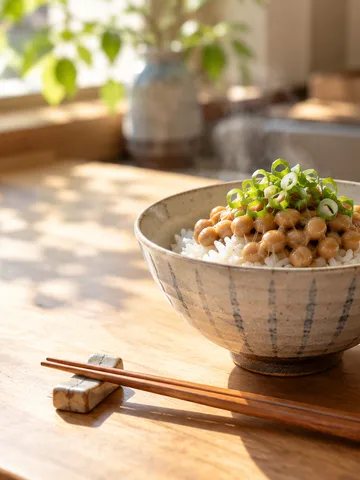 ご飯にのせた納豆と薬味、箸のある夏の台所