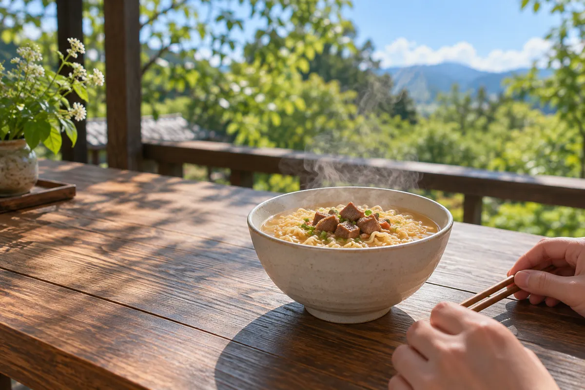 縁側で湯気の立つ角切り肉入りの麺の器と箸