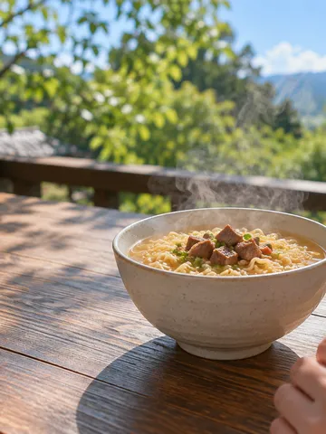 縁側で湯気の立つ角切り肉入りの麺の器と箸