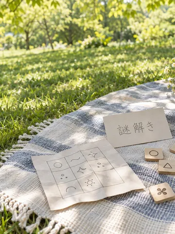 新緑の芝生に置かれた謎解きのカードと木のタイル