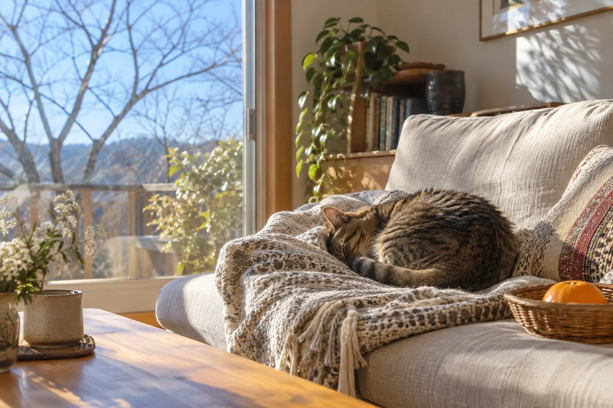 日なたのソファで丸まって眠る猫