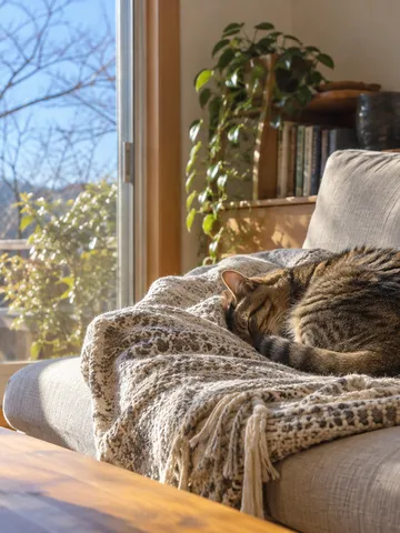 日なたのソファで丸まって眠る猫