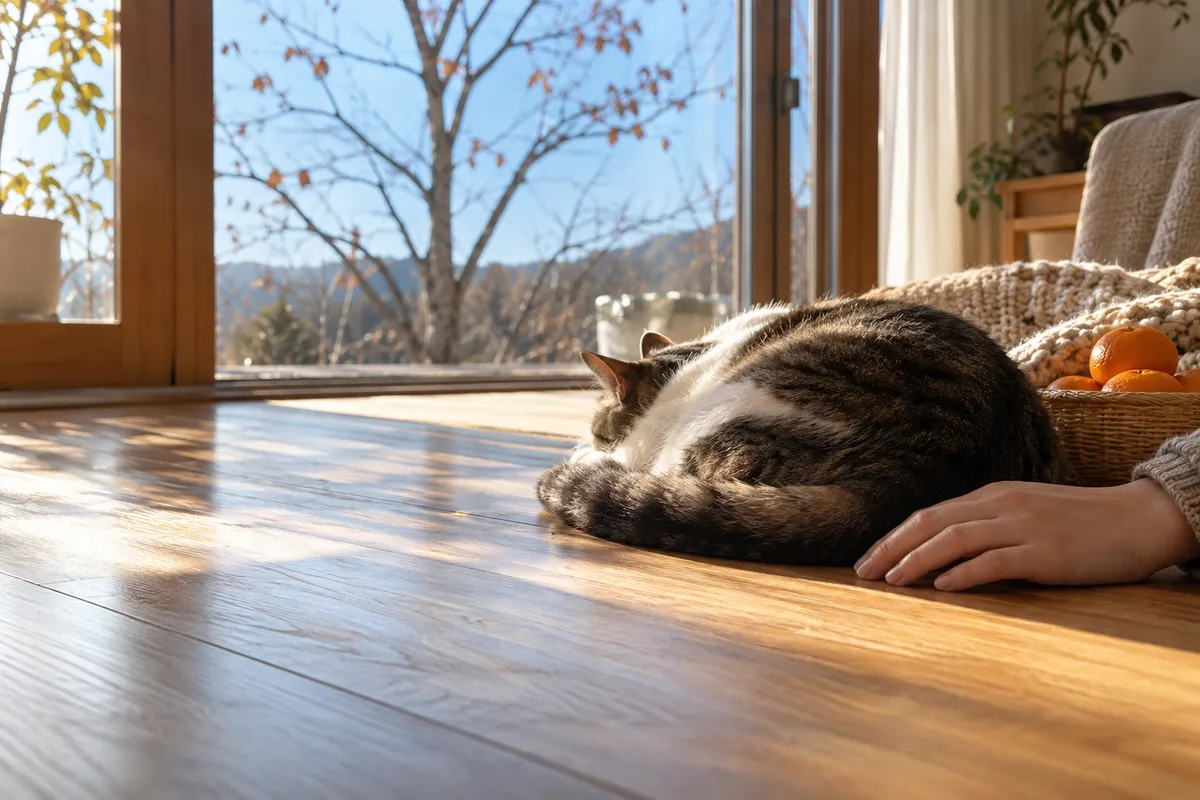 日だまりで丸くなる猫と、そっと添えられた手