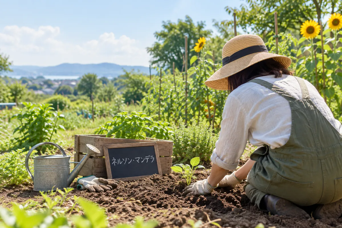 苗を植える手袋の手と、マンデラと書かれた小さな黒板