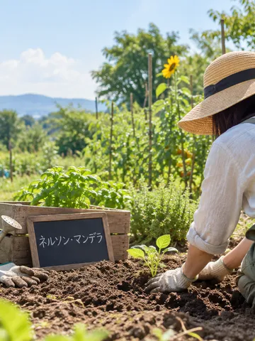 苗を植える手袋の手と、マンデラと書かれた小さな黒板
