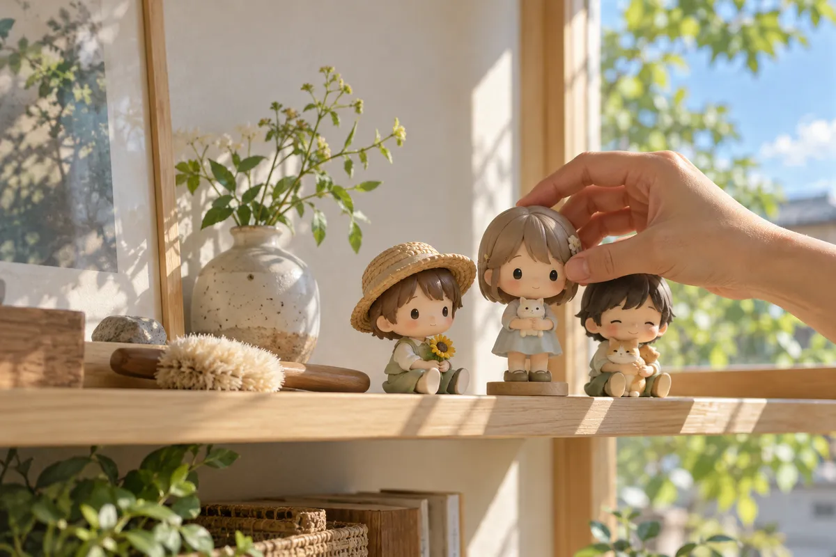 棚に並ぶ丸い頭の小さなフィギュアと整える手元