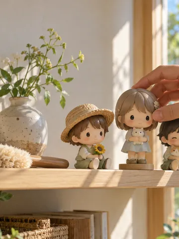 棚に並ぶ丸い頭の小さなフィギュアと整える手元