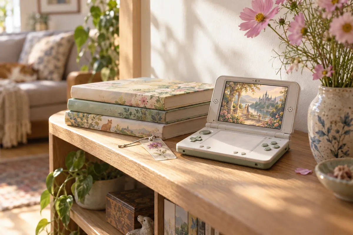 日だまりの棚に置かれたゲーム機と絵本、コスモスの花
