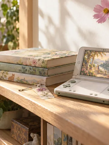 日だまりの棚に置かれたゲーム機と絵本、コスモスの花