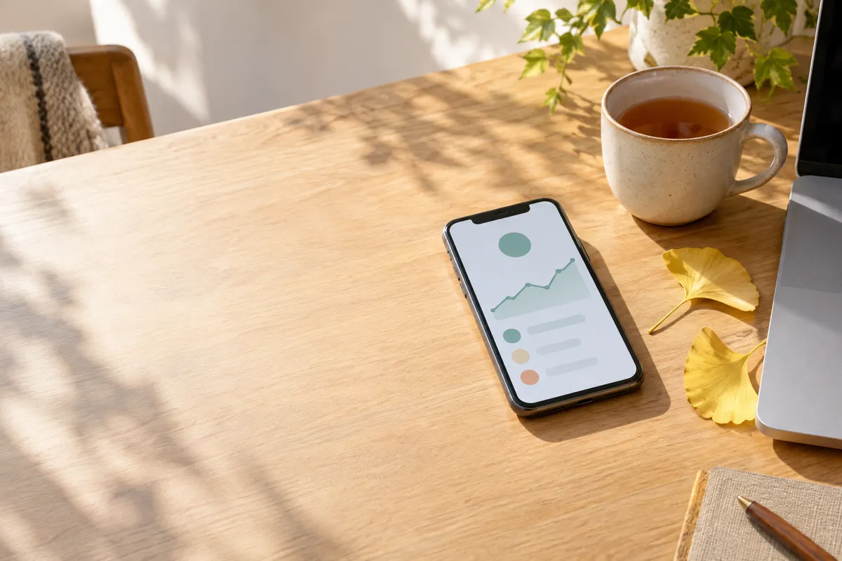 スマートフォンの家計画面と湯のみのある机