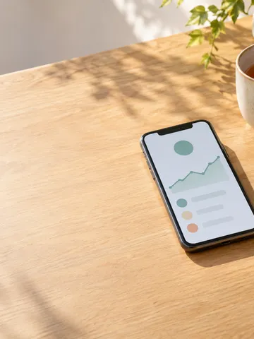 スマートフォンの家計画面と湯のみのある机