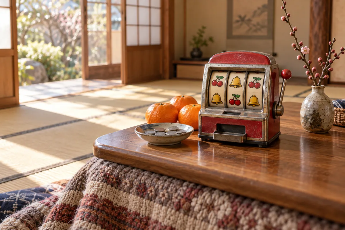 こたつの上のおもちゃのスロット機とメダル、みかん