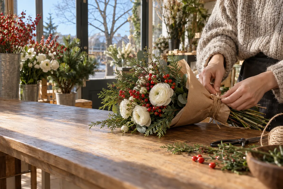 花店で小さな花束を結ぶ手元と冬の日差し