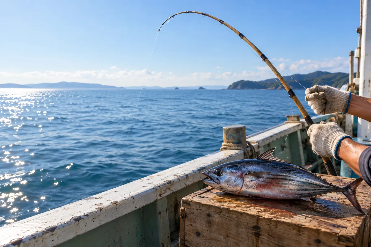 青空の下、船上で一本釣りされたかつお