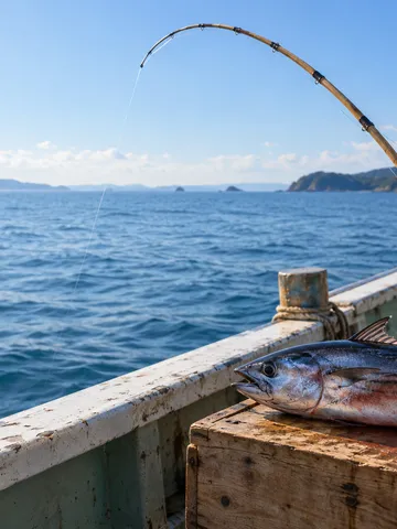 青空の下、船上で一本釣りされたかつお