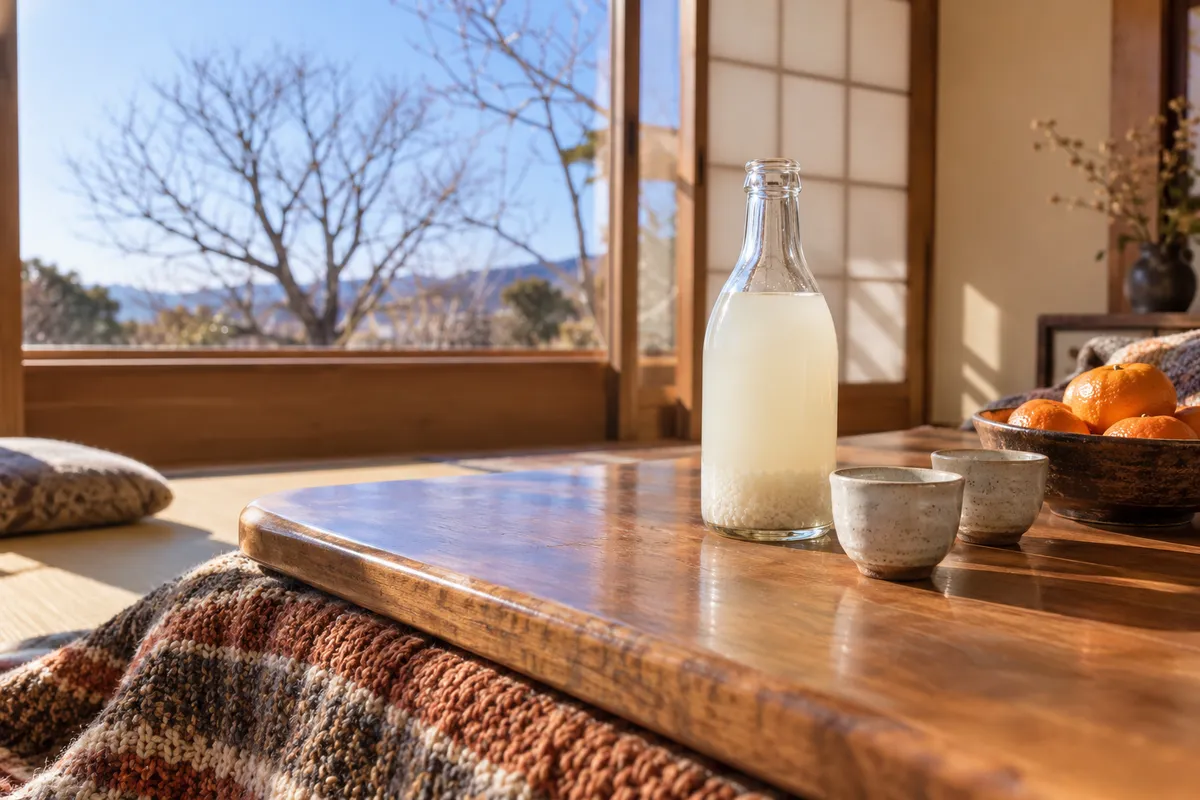 にごり酒の瓶と猪口、みかんが並ぶ冬の昼の座敷