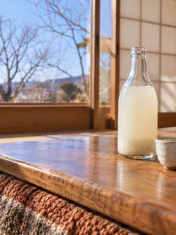 にごり酒の瓶と猪口、みかんが並ぶ冬の昼の座敷