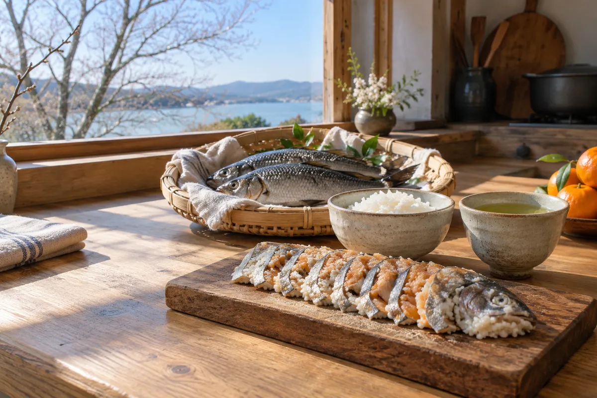 鮒ずしの薄切りと琵琶湖のフナ、みかんが並ぶ台所