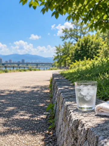 日なたの舗装と木陰の芝生、氷水とタオル