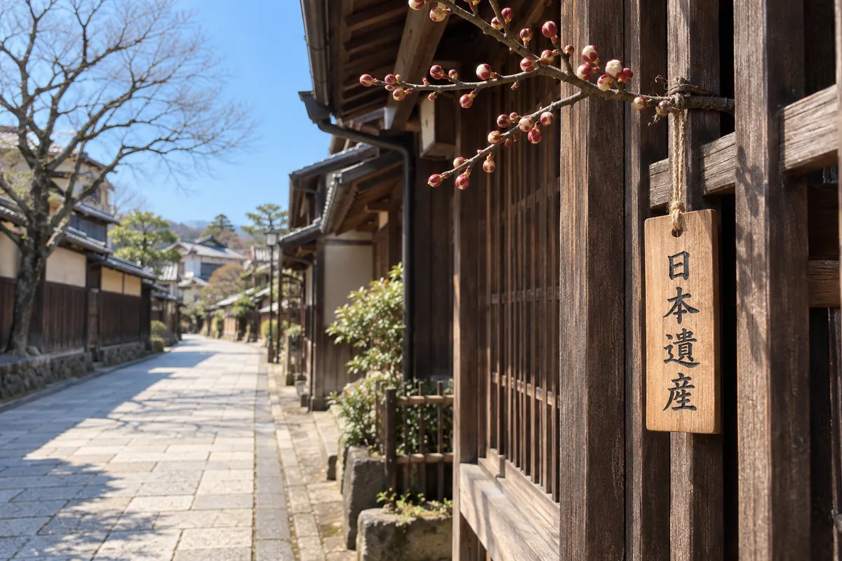 日なたの古い町並みと「日本遺産」と書かれた木の札