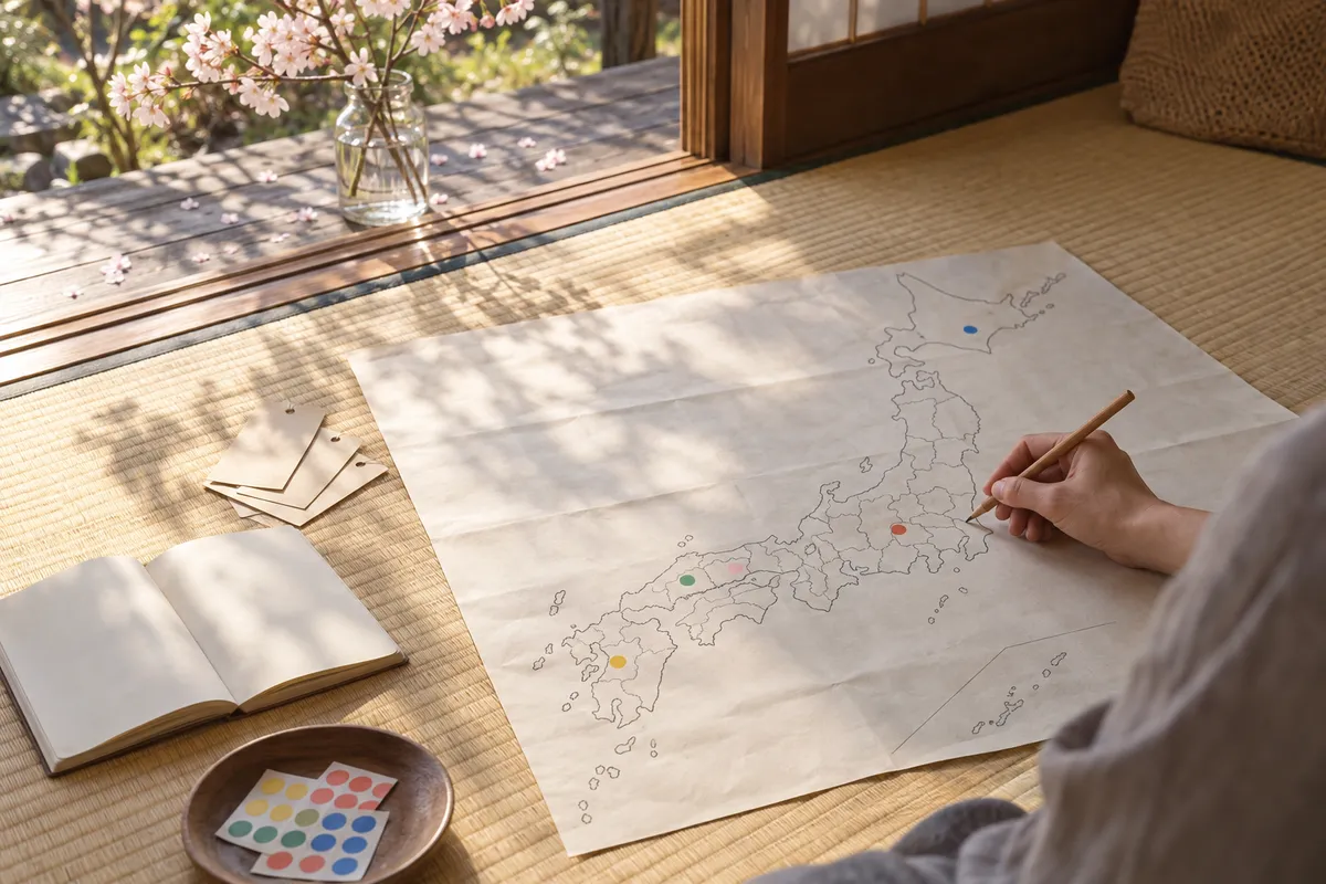 畳に広げた日本地図に鉛筆で印を付ける手元
