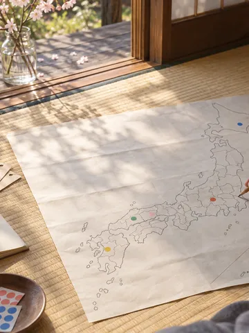 畳に広げた日本地図に鉛筆で印を付ける手元