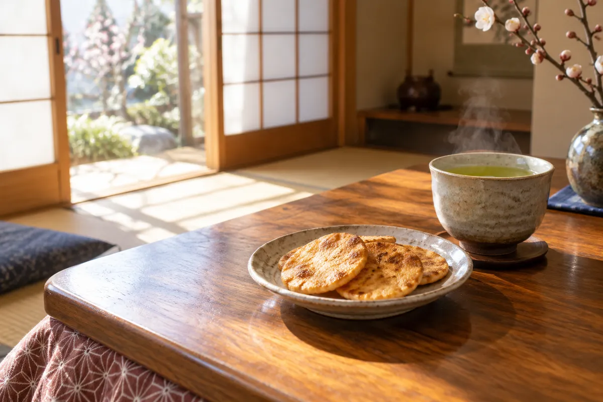 お茶と丸いせんべいを置いた和室の卓