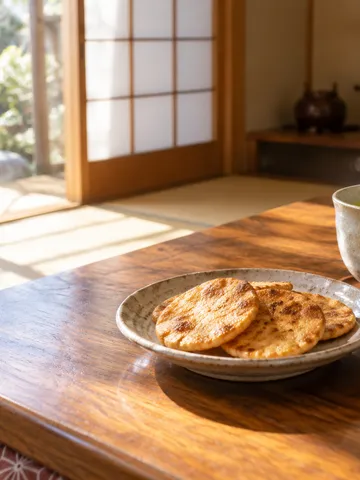お茶と丸いせんべいを置いた和室の卓
