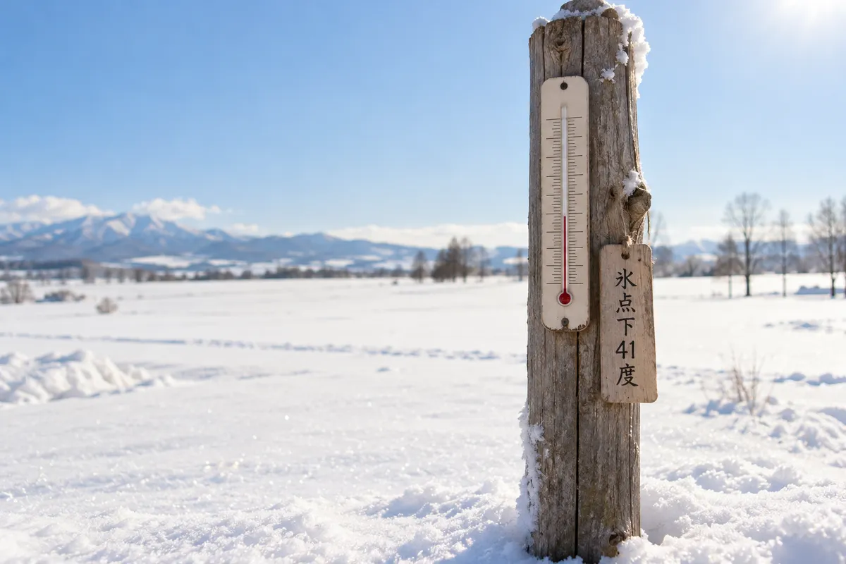 晴れた雪原の杭に下がる「氷点下41度」の木札