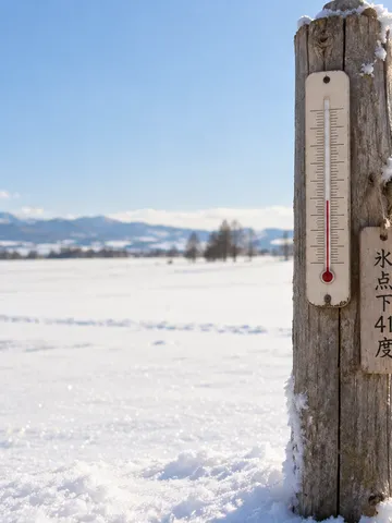 晴れた雪原の杭に下がる「氷点下41度」の木札