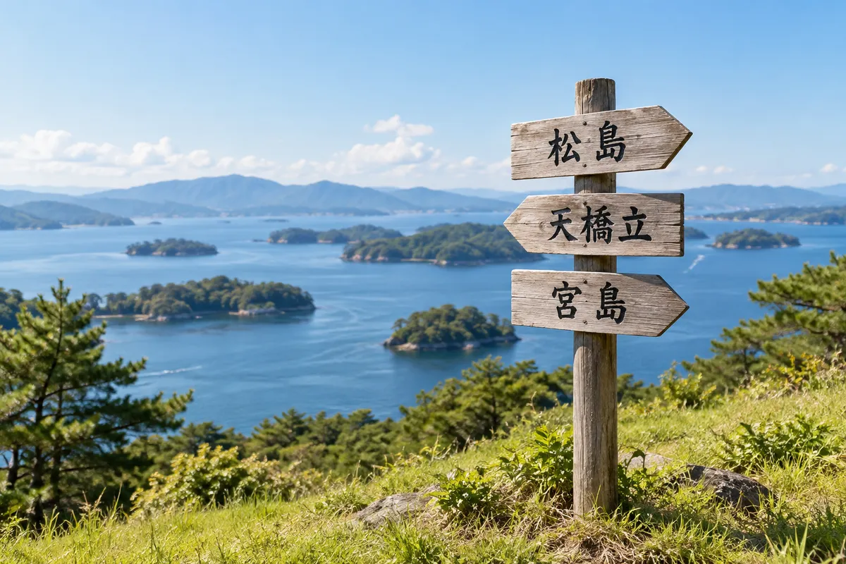 三景の地名を記した木の道標と松島の海