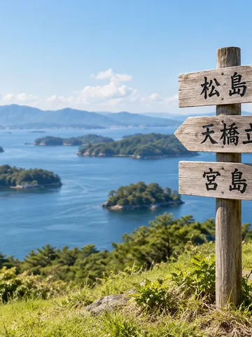 三景の地名を記した木の道標と松島の海