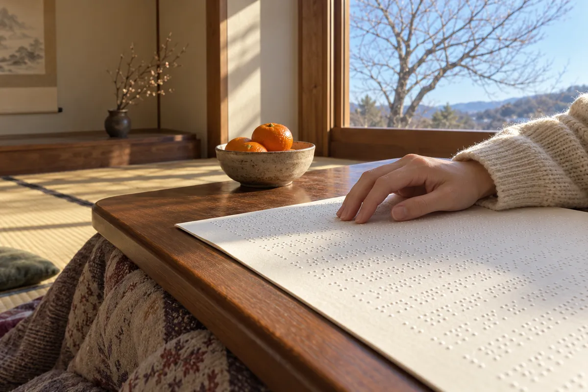 こたつの上で点字の紙を指で読む手元