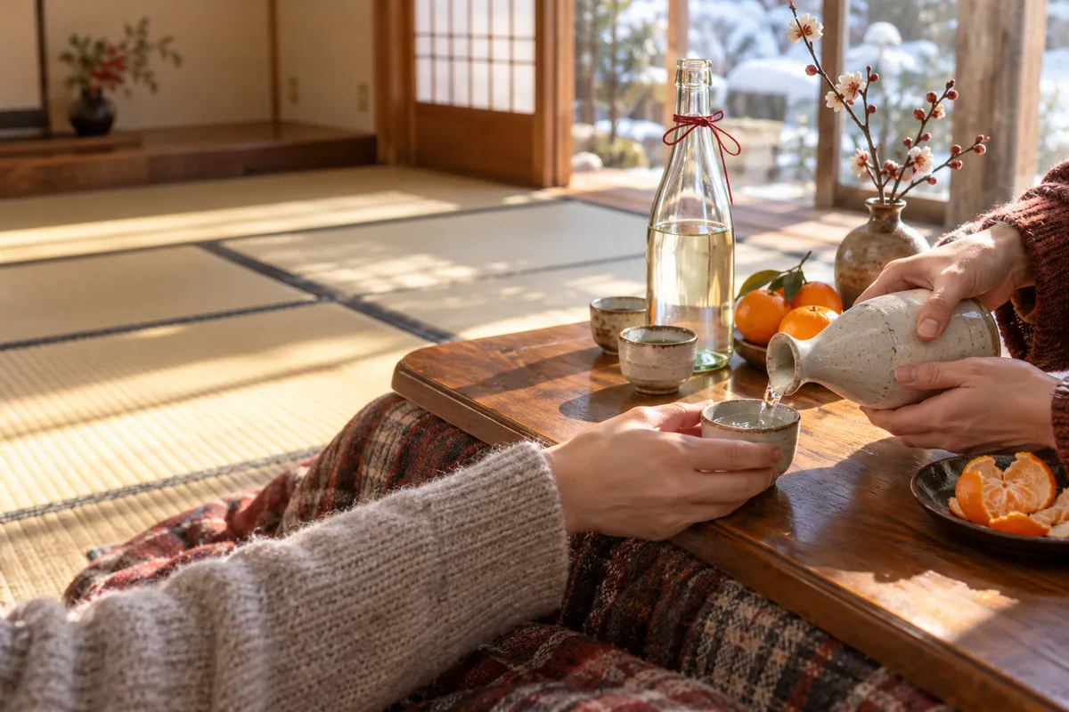 こたつの上の徳利とおちょこ、梅のつぼみ