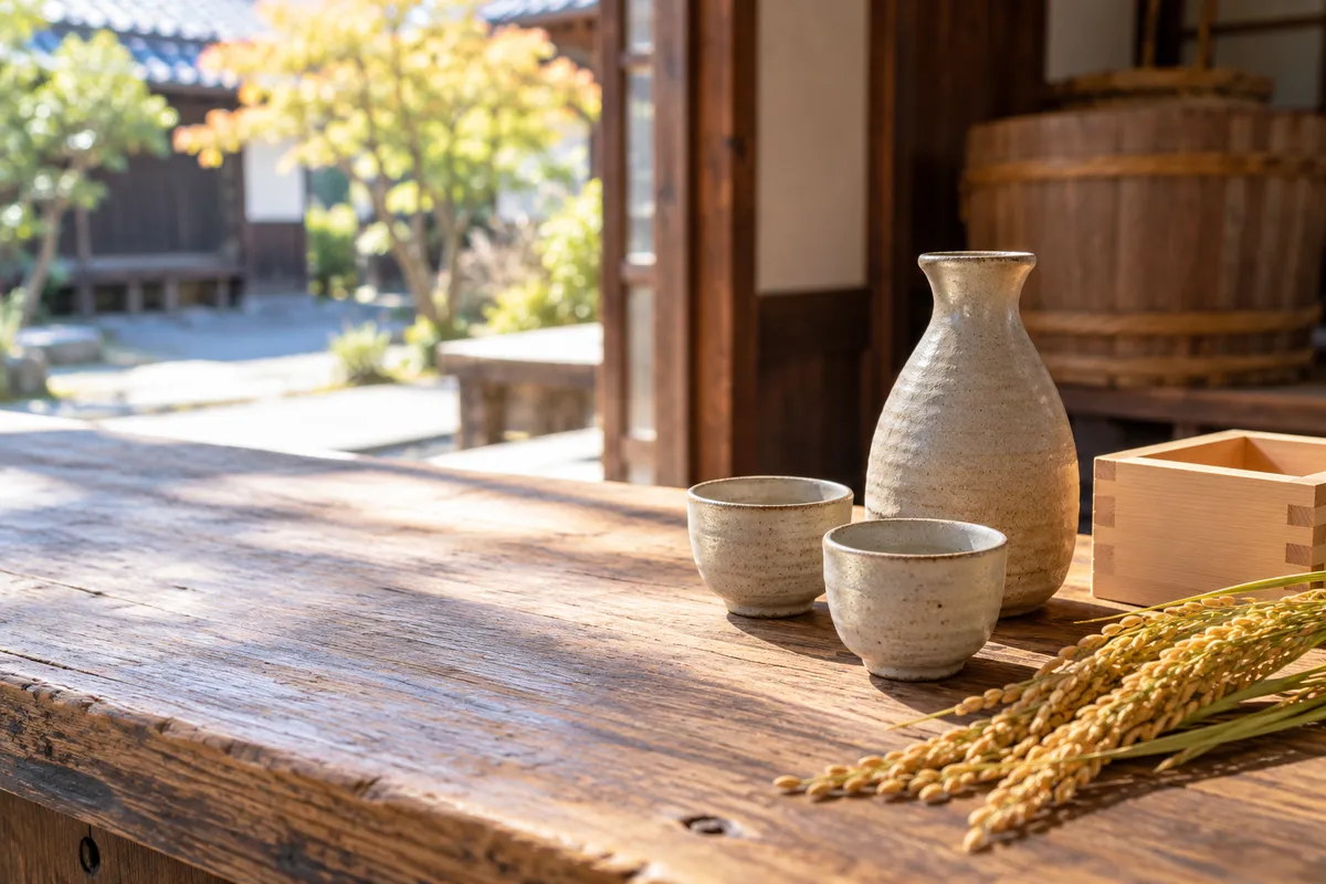 酒屋の木のカウンターに徳利とお猪口、稲穂