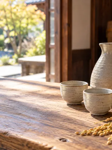 酒屋の木のカウンターに徳利とお猪口、稲穂