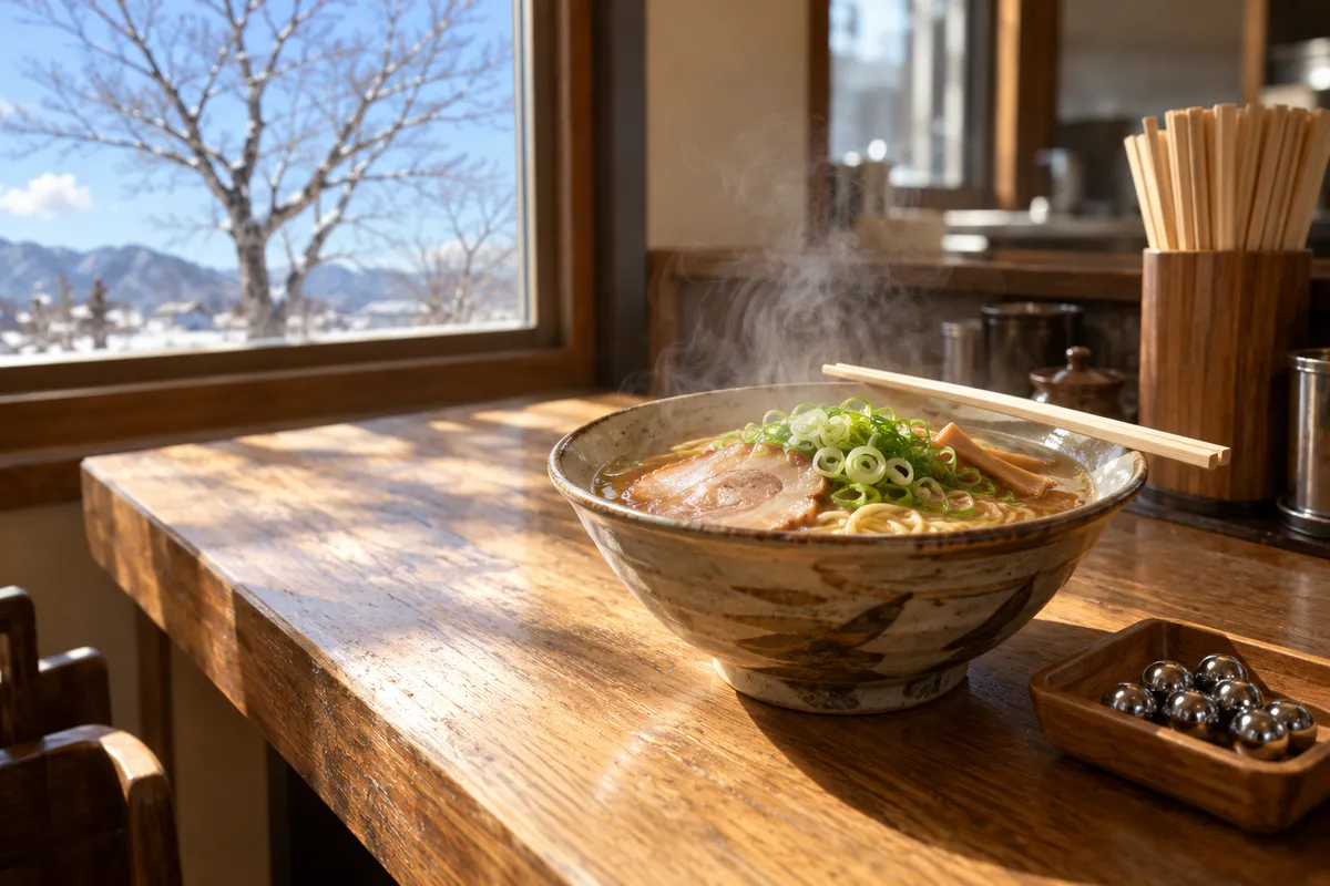 日なたのラーメン店のカウンターにあるラーメンと小さな鋼球