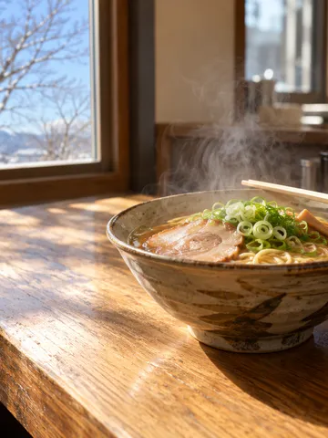 日なたのラーメン店のカウンターにあるラーメンと小さな鋼球