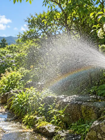 庭先のホースの霧に小さな虹が出ている