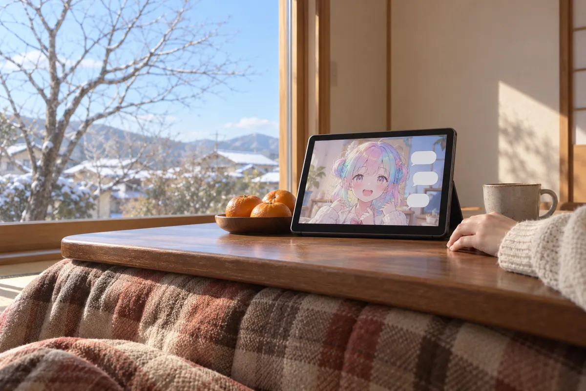 こたつの上でタブレットに映る架空のバーチャル配信画面