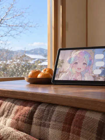 こたつの上でタブレットに映る架空のバーチャル配信画面